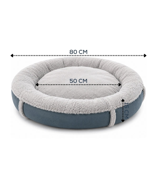 King Queen - Donut Bed, Blue & Grey, Cozy Raised Rim, for Dogs & Cats - 80x15 cm