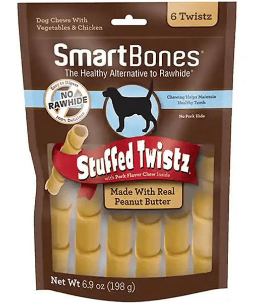 SmartBones Stuffed Twists rawhide-free dental dog treats with real peanut butter and pork flavor, 6 pieces, 198g.