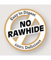 No Rawhide logo stating easy to digest, representing rawhide-free dental dog treats.