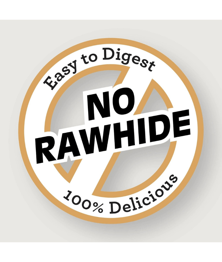 No Rawhide logo stating easy to digest, representing rawhide-free dental dog treats.