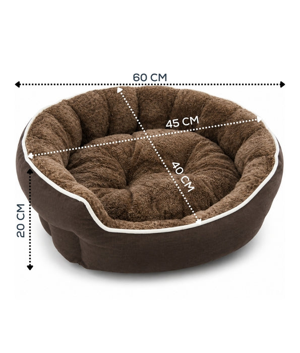King Queen - Brown Round Plush Dog & Cat Bed, Raised Bolster, Soft Cushion - 60 x 60 x 20 cm