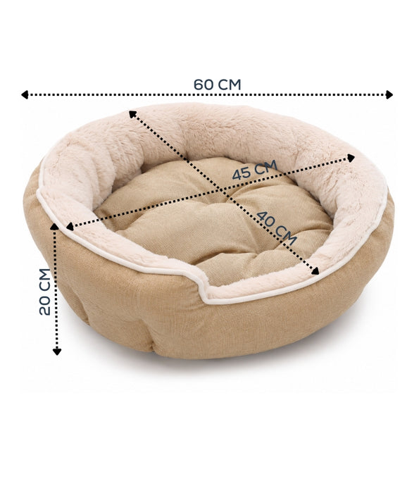 King Queen - Beige Round Plush Dog & Cat Bed, Raised Bolster, Soft Cushion - 60 x 60 x 20 cm