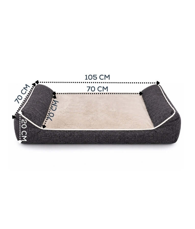King Queen - Rectangular Dog Bed, Grey & Cream, Three Removable Cushions, Dual Side Bolsters - 105 × 70 × 20 cm