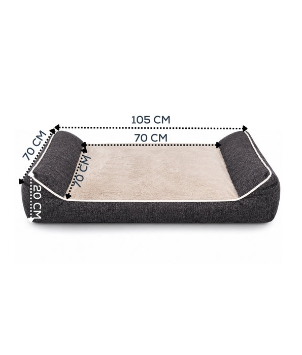 King Queen - Rectangular Dog Bed, Grey & Cream, Three Removable Cushions, Dual Side Bolsters - 105 × 70 × 20 cm