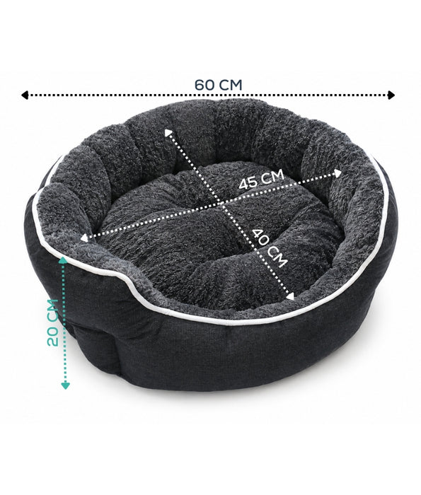 King Queen - Charcoal Grey Round Plush Dog & Cat Bed, Raised Bolster, Soft Cushion - 60 x 60 x 20 cm