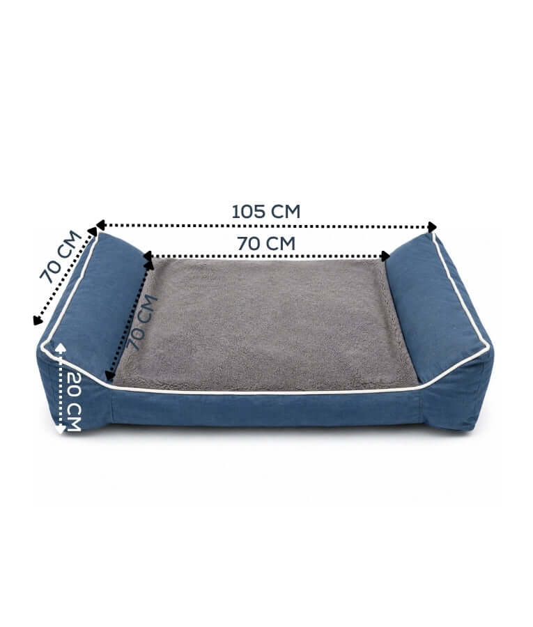 King Queen - Rectangular Dog Bed, Blue & Grey, Three Removable Cushions, Dual Side Bolsters - 105 × 70 × 20 cm