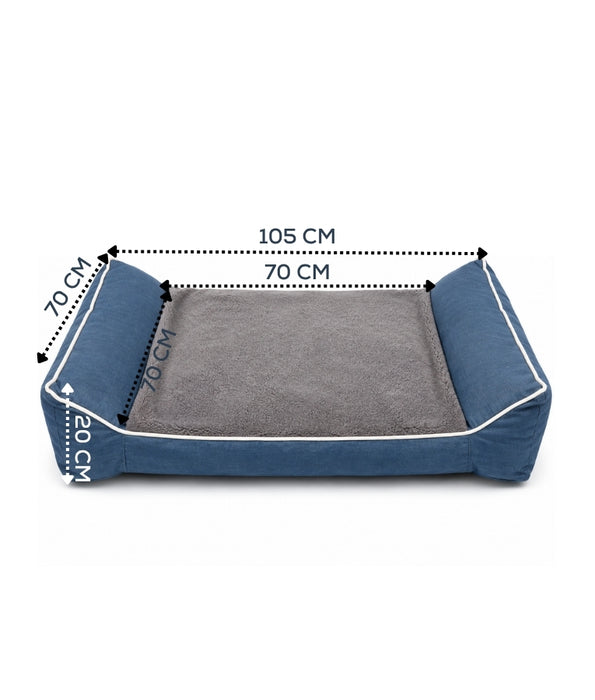 King Queen - Rectangular Dog Bed, Blue & Grey, Three Removable Cushions, Dual Side Bolsters - 105 × 70 × 20 cm