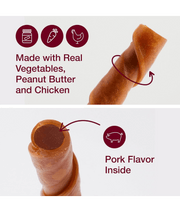 Close-up of SmartBones rawhide-free dental dog treats, highlighting real peanut butter, chicken, and pork flavor.
