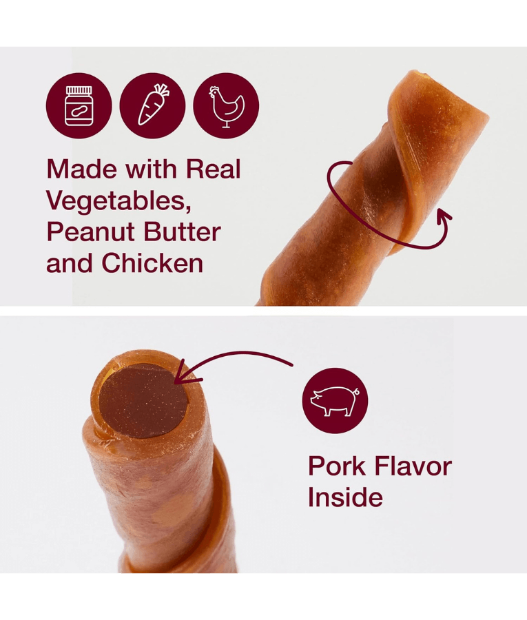 Close-up of SmartBones rawhide-free dental dog treats, highlighting real peanut butter, chicken, and pork flavor.