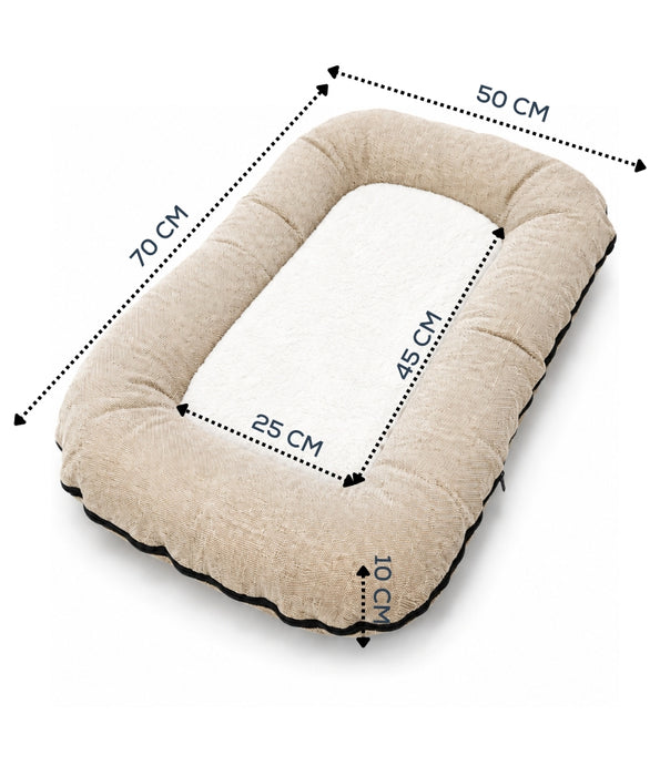 King Queen - Rectangular Dog Bed - Beige Brown , Dual-Sided Plush & Linen, Anti-Slip Base - M, L, XL