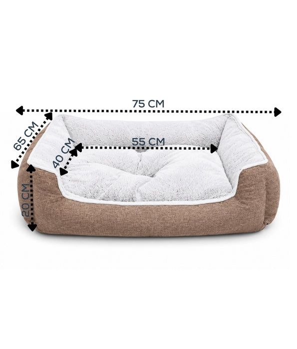King Queen - Rectangular Dog Bed, Brown & Cream, Plush Sleeping Surface, Raised Bolsters - 75 × 65 × 20 cm