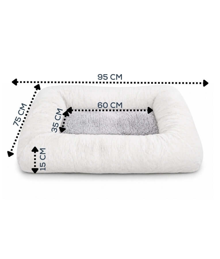King Queen - Rectangular Dog Bed, White & Light Grey, Ultra Soft Fur Sleeping Surface, Raised Bolsters - 95 × 75 × 15 cm