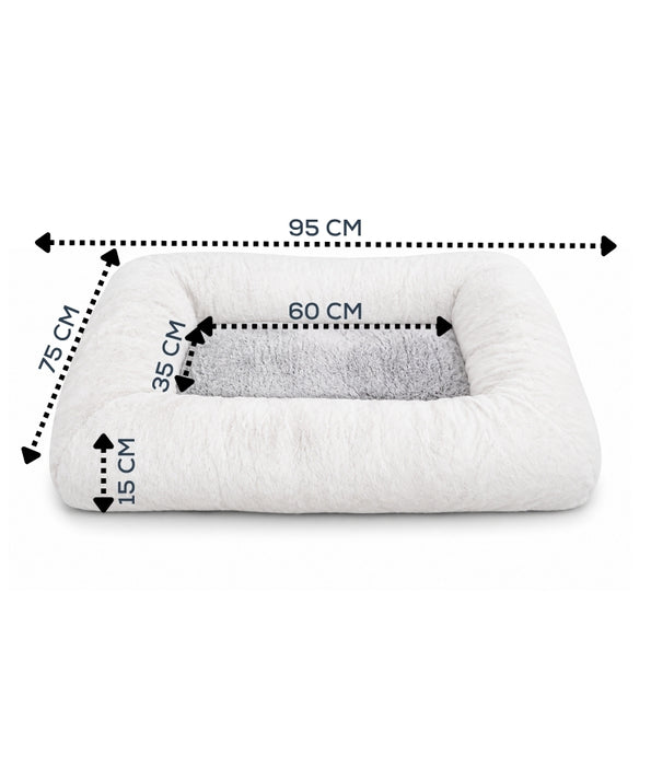King Queen - Rectangular Dog Bed, White & Light Grey, Ultra Soft Fur Sleeping Surface, Raised Bolsters - 95 × 75 × 15 cm