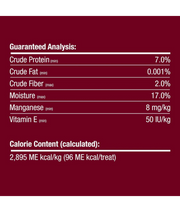 Guaranteed analysis of SmartBones rawhide-free dental dog treats, including protein, fat, fiber, moisture, and calorie content.