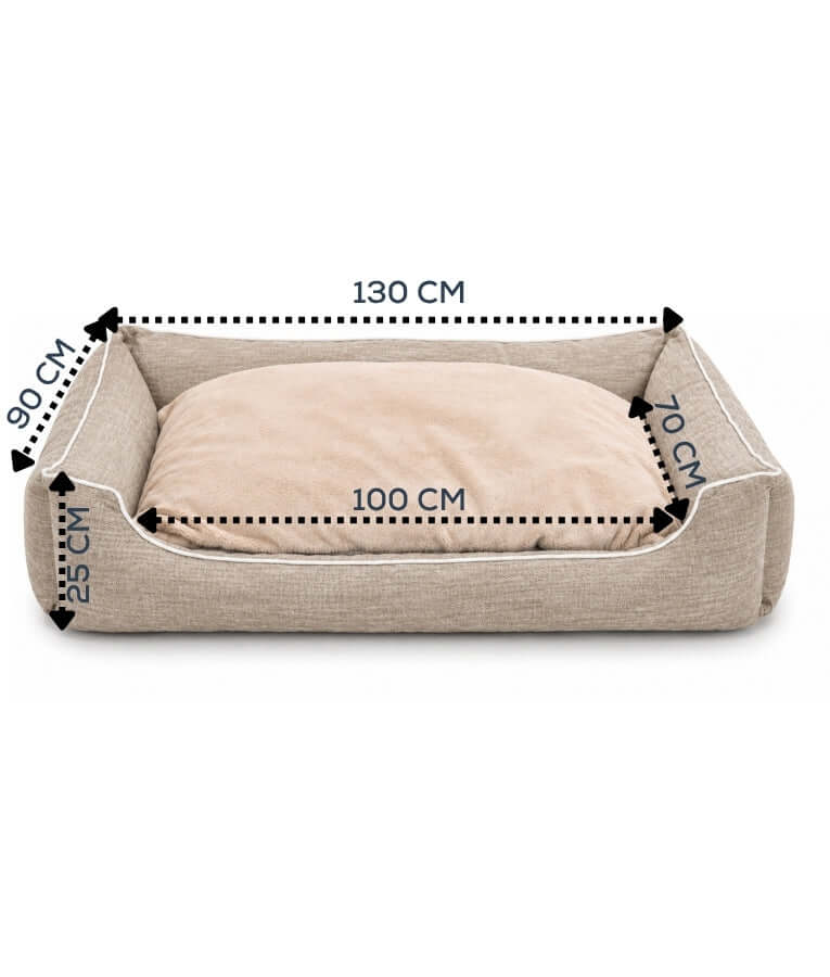 King Queen - Extra Large Rectangular Dog Bed, Greige & Peach, Plush Sleeping Cushion, Raised Bolsters - 130 × 90 × 25 cm