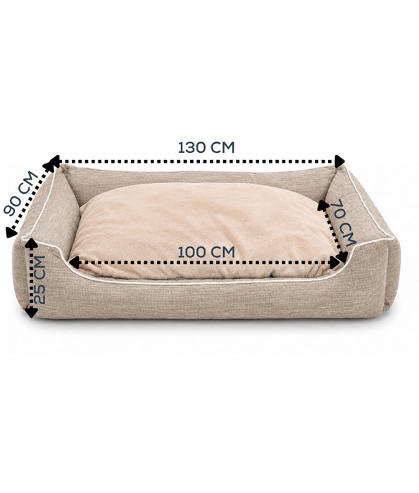 King Queen - Extra Large Rectangular Dog Bed, Greige & Peach, Plush Sleeping Cushion, Raised Bolsters - 130 × 90 × 25 cm