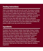 Feeding instructions and ingredients for SmartBones rawhide-free dental dog treats featuring peanut butter and pork flavor.