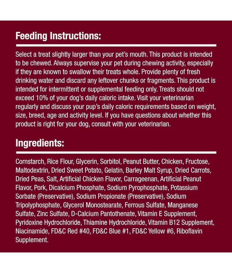Feeding instructions and ingredients for SmartBones rawhide-free dental dog treats featuring peanut butter and pork flavor.