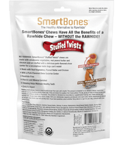 SmartBones Stuffed Twists Peanut Butter, Pork Flavor, rawhide-free dental dog treats packaging with product details.