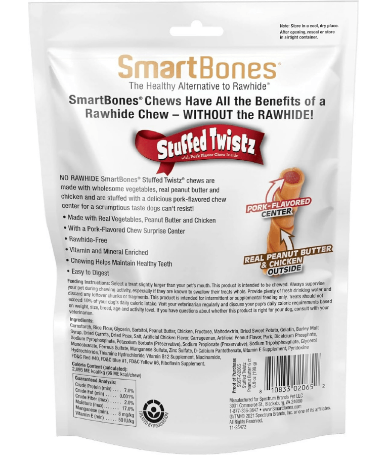 SmartBones Stuffed Twists Peanut Butter, Pork Flavor, rawhide-free dental dog treats packaging with product details.