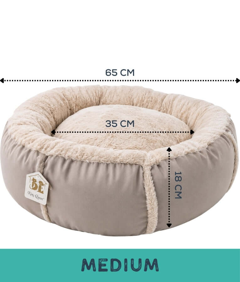 King Queen - Beige Luxury Plush Donut Pet Bed, Ultra Soft Calming Round Bed for Dogs & Cats - S, M