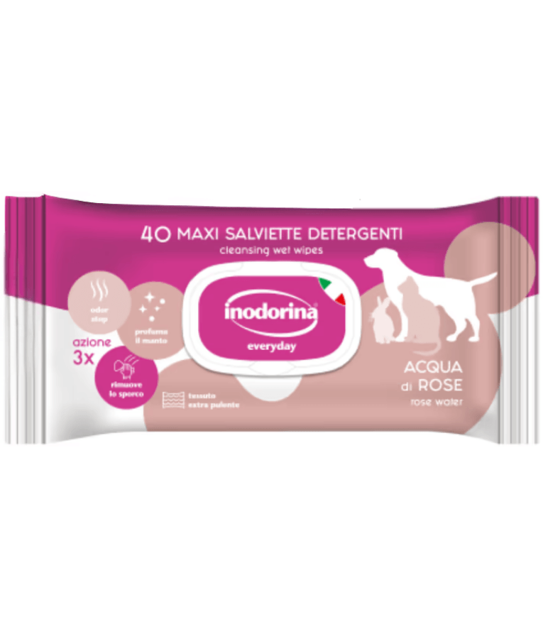 Inodorina - Everyday Pet Wipes, Rose Water, Odour Stop & Moisturising Wipes for Dogs, Cats & Puppies - 40pcs