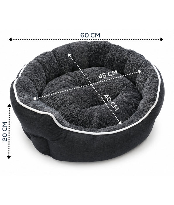 King Queen - Charcoal Grey Round Plush Dog & Cat Bed, Raised Bolster, Soft Cushion - 60 x 60 x 20 cm