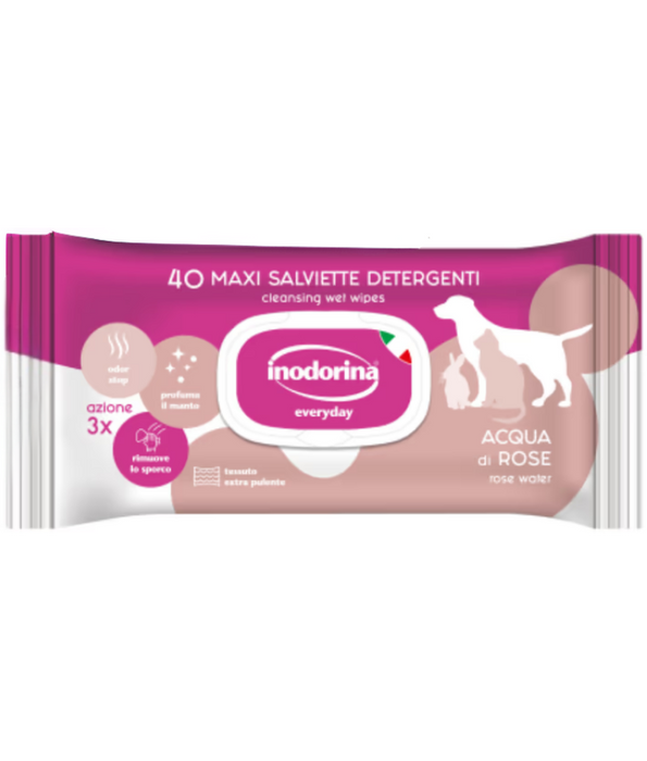 Inodorina - Everyday Pet Wipes, Rose Water, Odour Stop & Moisturising Wipes for Dogs, Cats & Puppies - 40pcs