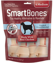 SmartBones rawhide-free dog chews package with real chicken for medium dogs, 4 treats for healthy teeth.