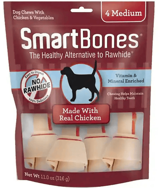 SmartBones rawhide-free dog chews package with real chicken for medium dogs, 4 treats for healthy teeth.