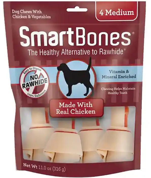 Smart Bones - Classic Bone Chews Chicken, Rawhide-Free Dental Dog Treats, Medium Breed Dog Adult - 4 Pcs 316 g