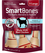 SmartBones rawhide-free dog dental chews, large size, made with real chicken and vegetables, 327g package.