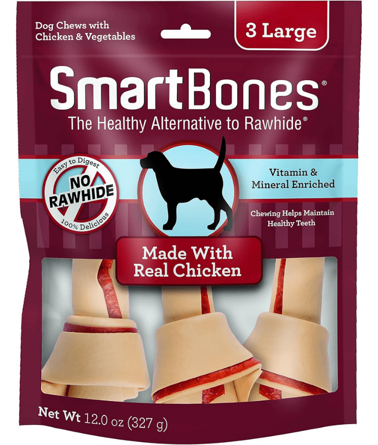 SmartBones rawhide-free dog dental chews, large size, made with real chicken and vegetables, 327g package.