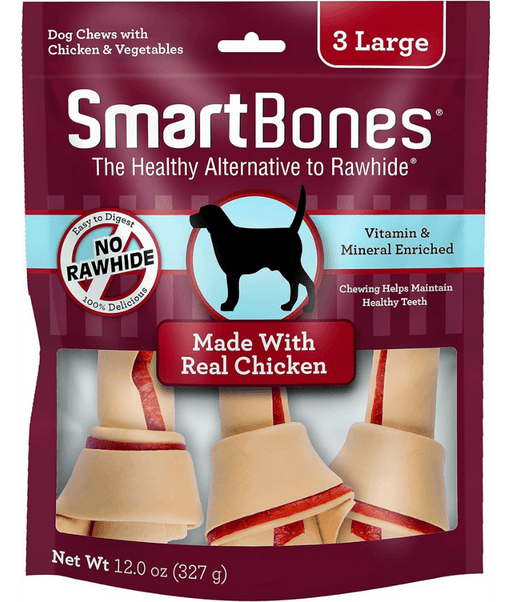 SmartBones rawhide-free dog dental chews, large size, made with real chicken and vegetables, 327g package.