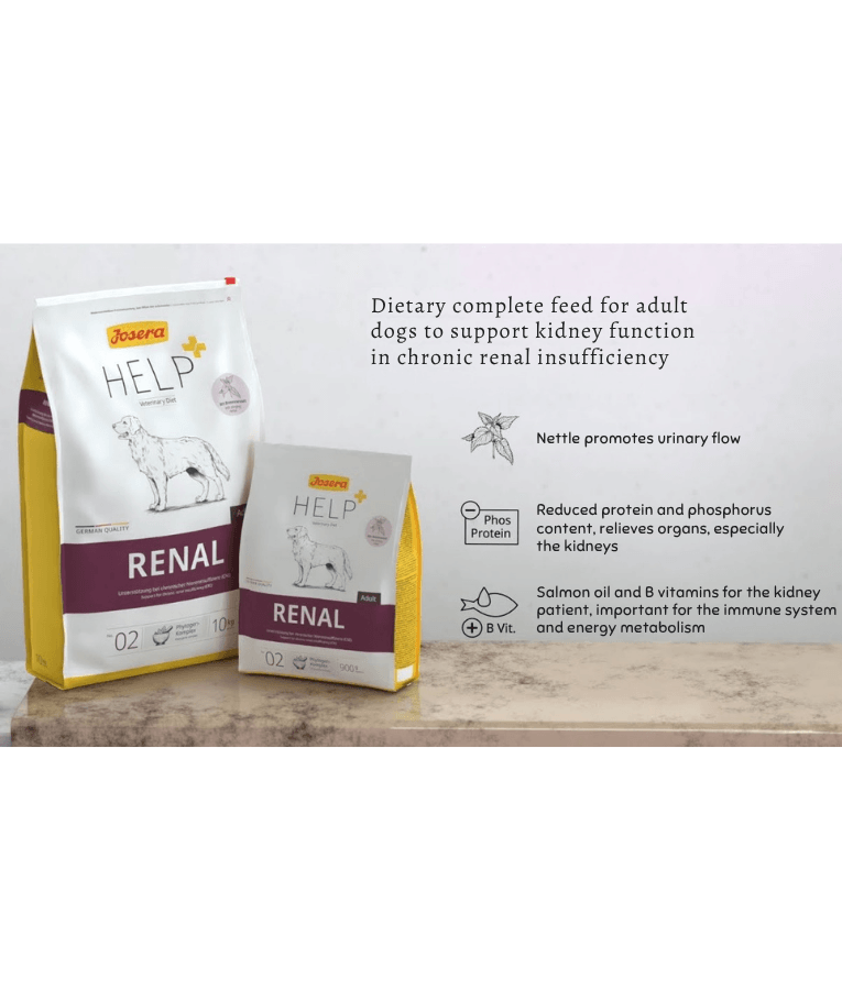 Josera Help Renal gluten-free kidney support dog food packaging for adult dogs with chronic renal insufficiency.