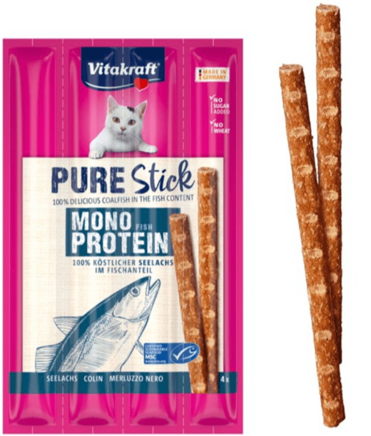 Vitakraft Pure Stick Coalfish cat treat, high quality cat treats, mono protein formula, sensitive nutrition support.