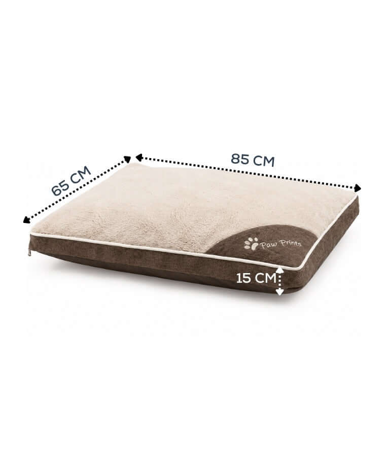 King Queen - Paw Prints, Soft Rectangular Pillow Dog Bed, Plush Beige & Brown with Anti-Slip Base & Zipper Cover - 85×65×15 cm