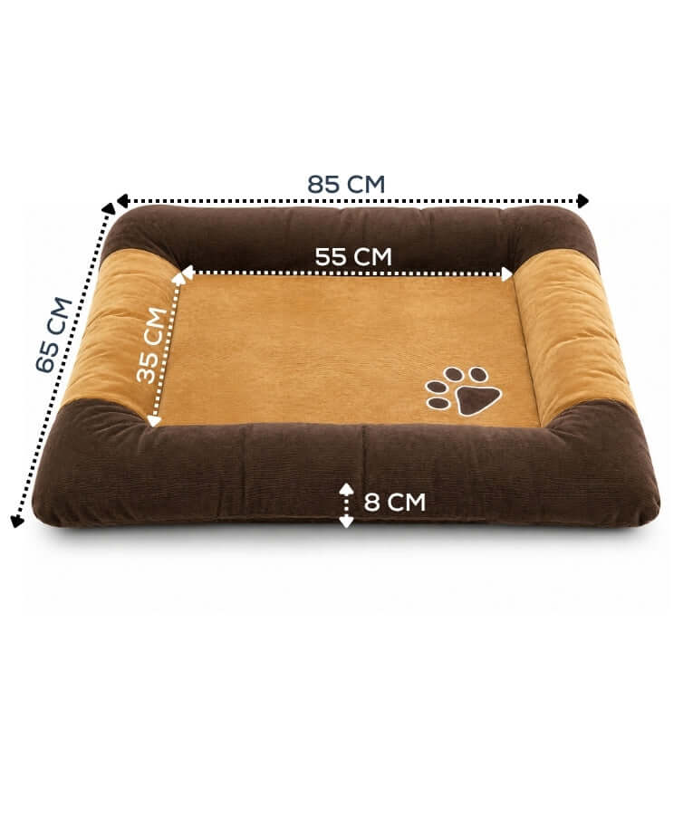 King Queen - Ribbed Fabric Rectangle Dog Bed, Raised Bolster Sides, Mustard & Brown - 85 × 65 × 8 cm