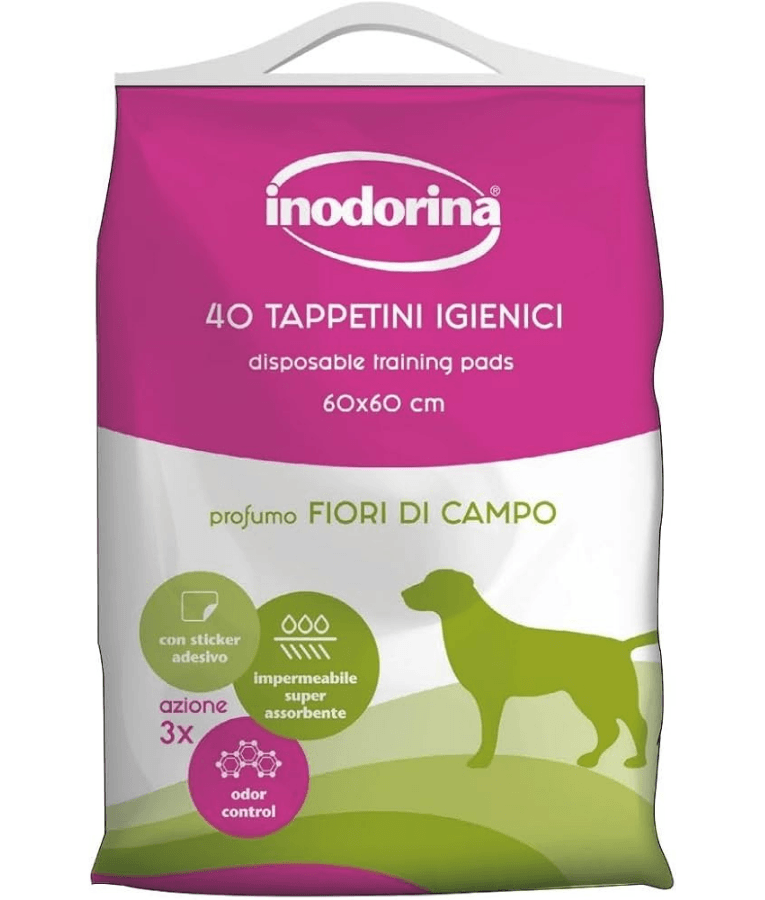 Inodorina - Perfumed Hygienic Pee Pads, Wild Flowers Scent, Super Absorbent Virgin Cellulose with Odour Control & Non-Slip Sticker for Dogs - 40 pcs