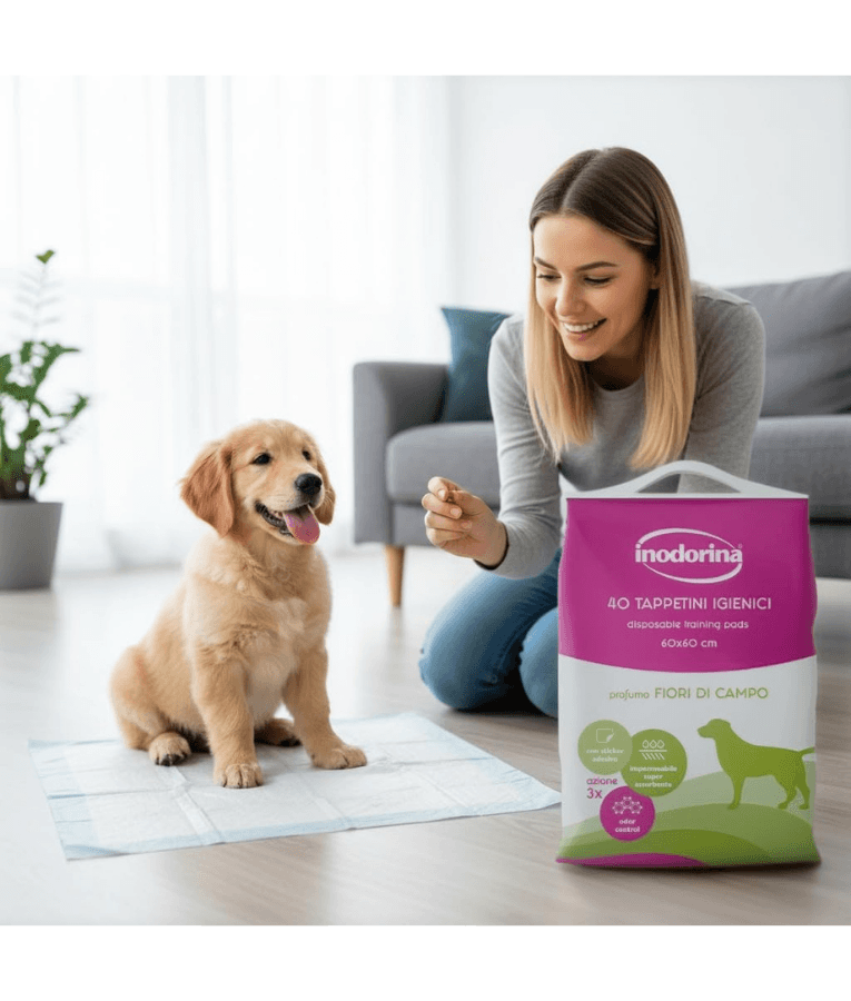 Inodorina - Perfumed Hygienic Pee Pads, Wild Flowers Scent, Super Absorbent Virgin Cellulose with Odour Control & Non-Slip Sticker for Dogs - 40 pcs