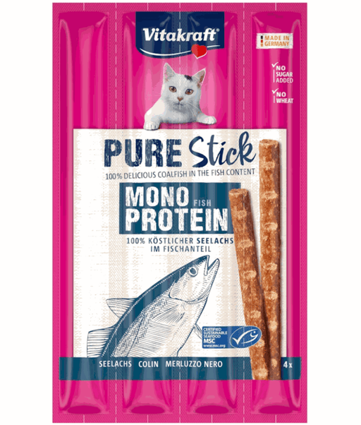 Vitakraft Pure Stick Coalfish, high quality cat treats, mono protein formula for sensitive nutrition support.