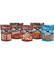 SmartBones rawhide-free dental dog treats variety pack, including Stuffed Twists, SmartSticks, and more.