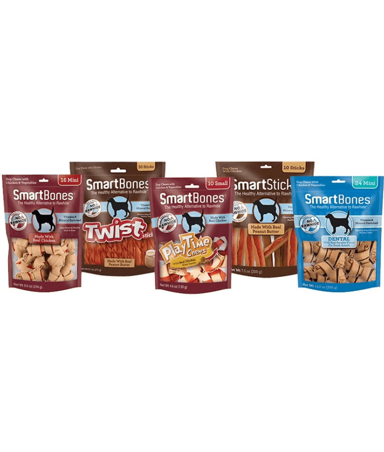 SmartBones rawhide-free dental dog treats variety pack, including Stuffed Twists, SmartSticks, and more.