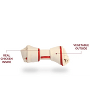 SmartBones rawhide-free dog chews showing real chicken inside and vegetable outside in a bone shape.