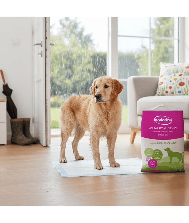 Inodorina - Perfumed Hygienic Pee Pads, Wild Flowers Scent, Super Absorbent Virgin Cellulose with Odour Control & Non-Slip Sticker for Dogs - 40 pcs