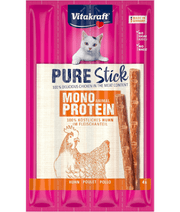Vitakraft chicken stick pack featuring 100% delicious chicken in a mono-protein formula for sensitive cats.