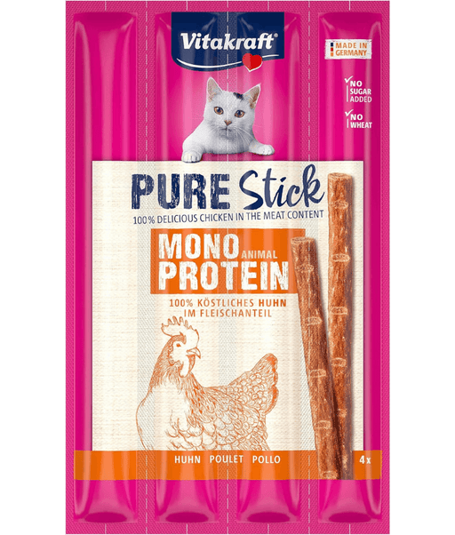 Vitakraft chicken stick pack featuring 100% delicious chicken in a mono-protein formula for sensitive cats.