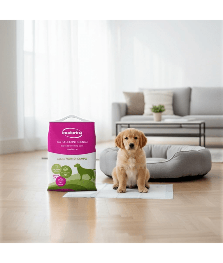 Inodorina - Perfumed Hygienic Pee Pads, Wild Flowers Scent, Super Absorbent Virgin Cellulose with Odour Control & Non-Slip Sticker for Dogs - 40 pcs