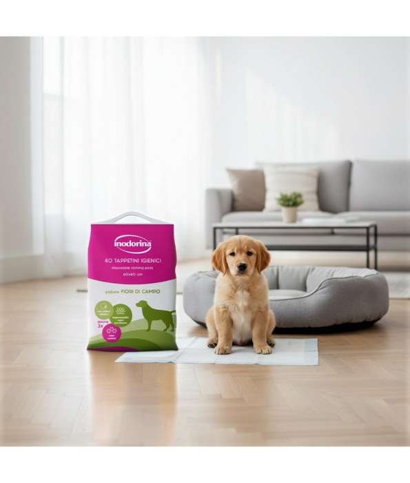 Inodorina - Perfumed Hygienic Pee Pads, Wild Flowers Scent, Super Absorbent Virgin Cellulose with Odour Control & Non-Slip Sticker for Dogs - 40 pcs