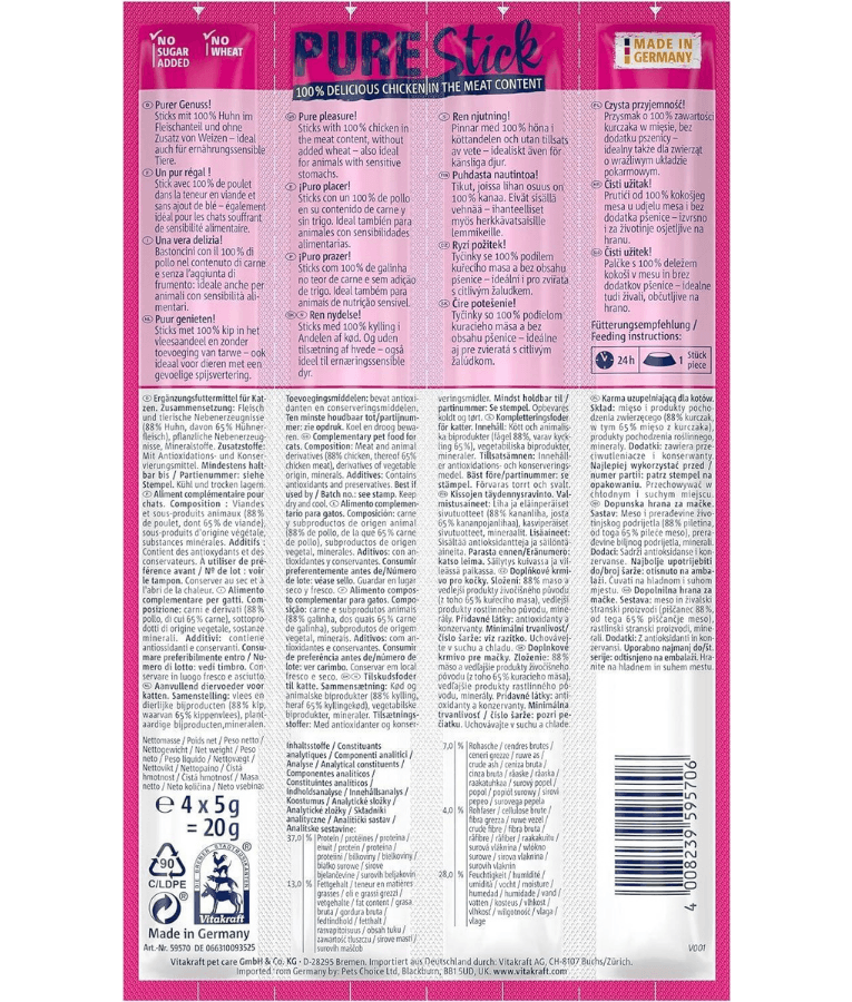 Vitakraft chicken stick product packaging showing nutrition facts and details on a pink background.